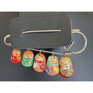 Vintage Russian Nesting Dolls Pin Or Brooch Hand Painted 5 Figures